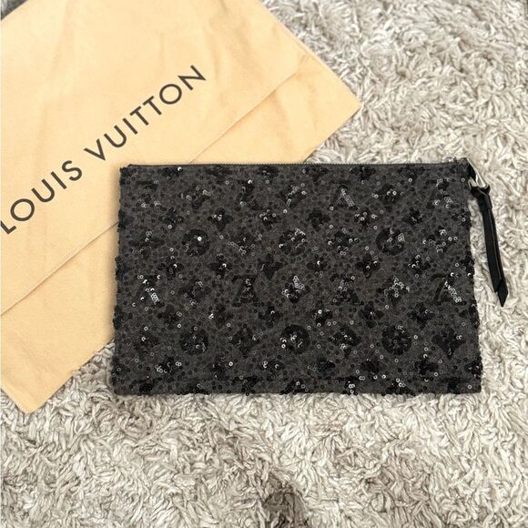 Rare Luxury LOUIS VUITTON Sunshine Express Clutch Wool Sequins Leather Pouch - Picture 2 of 11